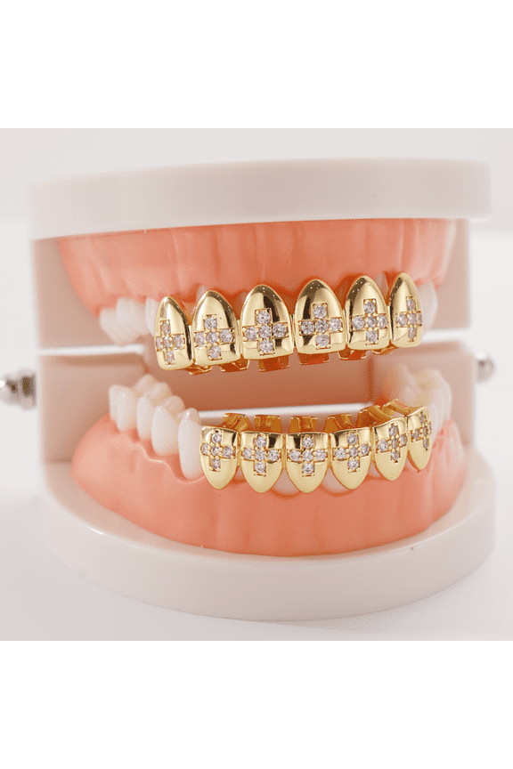 Copper Zirconia Cross Teeth Grillz Set,Gold & Silver Tone Top & Bottom Dental Jewelry with Crucifix Design, Hip Hop Party Mouth Grillz for Men & Women