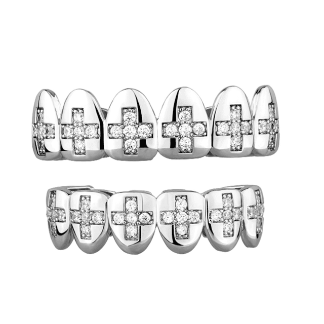 Copper Zirconia Cross Teeth Grillz Set,Gold & Silver Tone Top & Bottom Dental Jewelry with Crucifix Design, Hip Hop Party Mouth Grillz for Men & Women