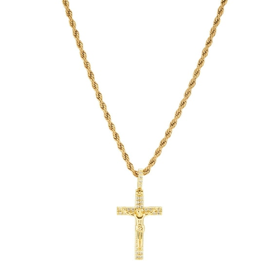 Copper Zirconia Crucifix Necklace, Iced Out Jesus Cross Pendant with Rope Chain, Detailed Christ Figure Religious Jewelry for Men and Women