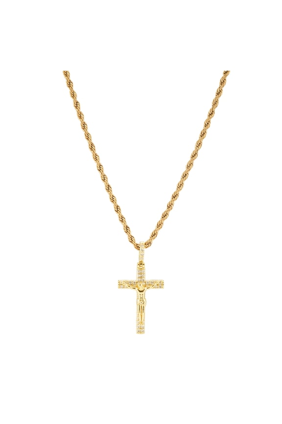 Copper Zirconia Crucifix Necklace, Iced Out Jesus Cross Pendant with Rope Chain, Detailed Christ Figure Religious Jewelry for Men and Women