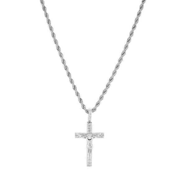 Copper Zirconia Crucifix Necklace, Iced Out Jesus Cross Pendant with Rope Chain, Detailed Christ Figure Religious Jewelry for Men and Women