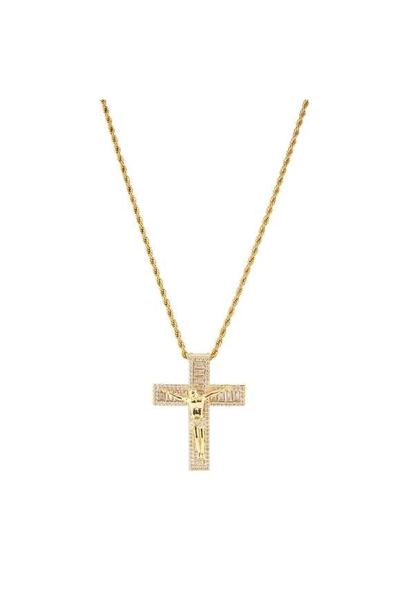 Copper Zirconia Crucifix Necklace, Iced Out Jesus Cross Pendant with Rope Chain, Hip Hop Christian Bling Jewelry for Men and Women
