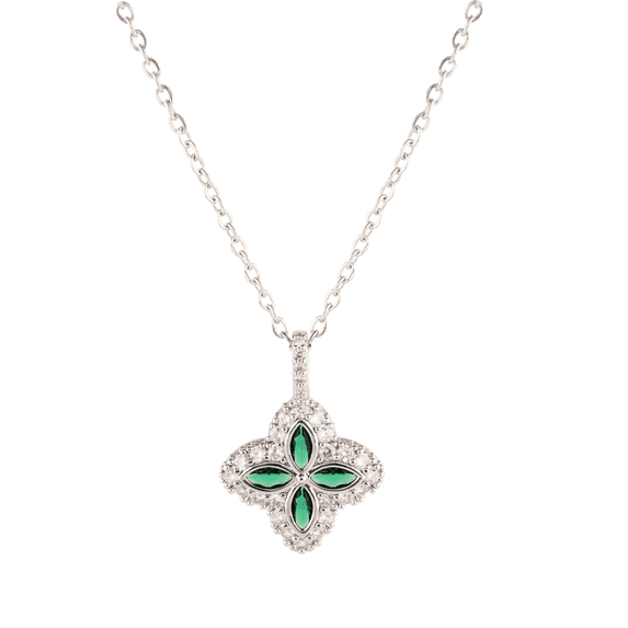 Copper Zirconia Four Leaf Clover Necklace, Gold & Silver Tone Adjustable Chain with Green Stone Centers, Lucky Charm Jewelry Gift for Women