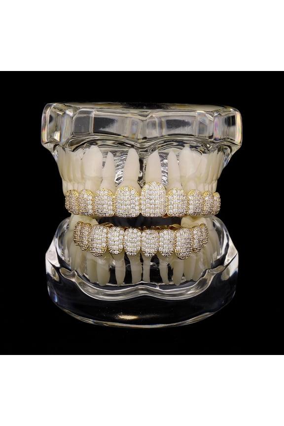 Double Row Diamond Hip Hop Teeth Grillz, Shiny Copper Zirconia Mouth Grill Set, Iced Out Jewelry for Rappers Party Cosplay Decor, Women Men