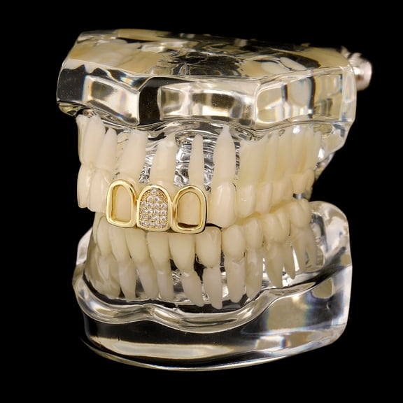 Copper Zirconia Hollow Out Three Tooth Grillz for Men & Women,Gold or Silver Tone Iced Out CZ Dental Jewelry, Hip Hop Party Rapper Costume Teeth Caps