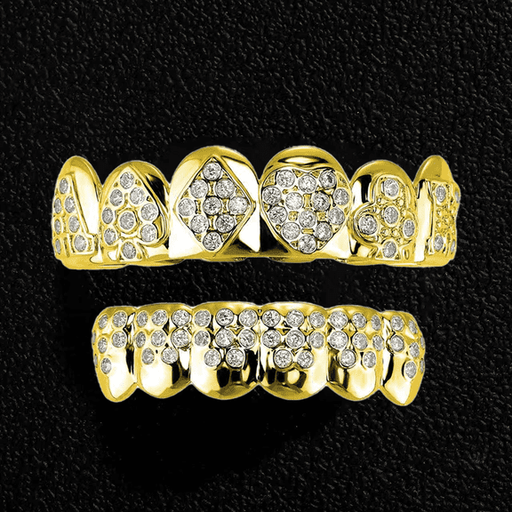 Copper Zirconia Poker Suit Grillz Set, Gold & Silver Tone with Heart/Spade/Diamond/Club Designs, Iced Out Hip Hop Teeth Jewelry for Men & Women