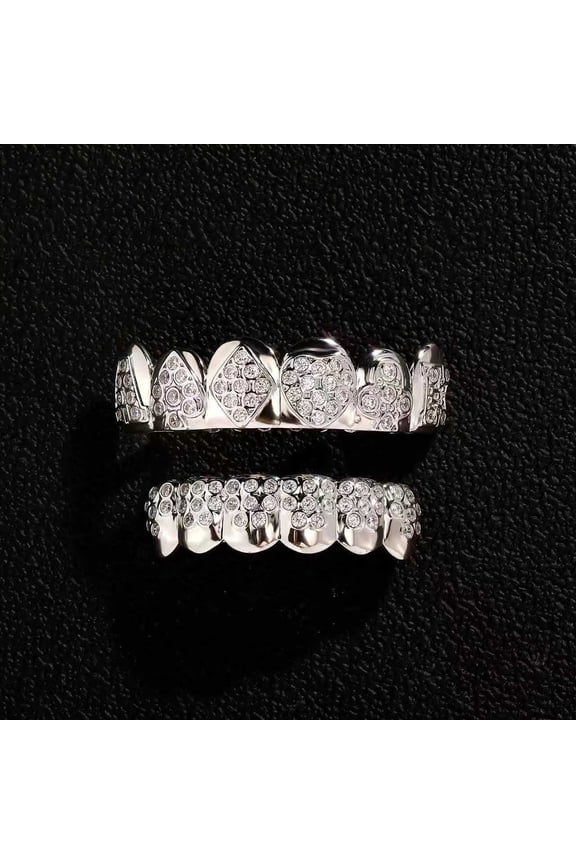 Copper Zirconia Poker Suit Grillz Set, Gold & Silver Tone with Heart/Spade/Diamond/Club Designs, Iced Out Hip Hop Teeth Jewelry for Men & Women
