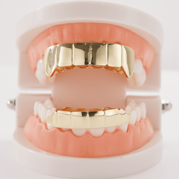 Copper Zirconia Smooth Surface Grillz Set for Upper and Lower Teeth,Gold or Silver Tone Minimalist Design,Hip Hop Party Dental Jewelry for Men & Women