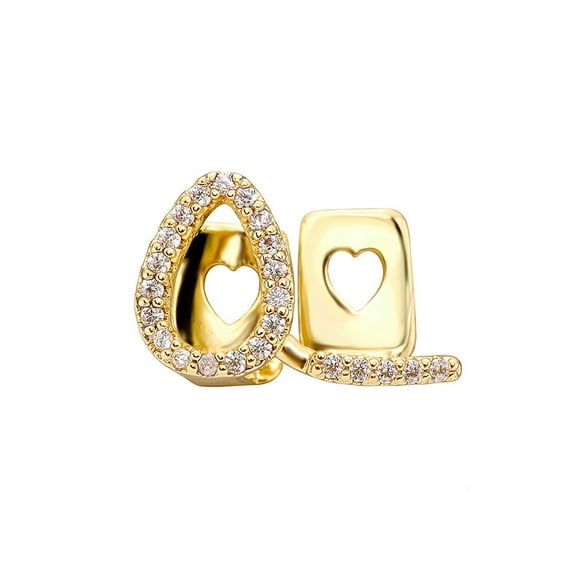 Copper Zirconia Teeth Grillz with Heart Cut-Out Design,Open Face Double Tooth Caps for Men and Women,Gold and Silver Tone Hip Hop Party Dental Jewelry