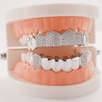 Copper Zirconia Vampire Fang Grillz Set, Gold & Silver Tone Iced Teeth Caps with Dense Stone Arrangement, Hip Hop Party Dental Jewelry for Men & Women