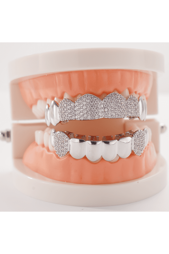 Copper Zirconia Vampire Fang Grillz Set, Gold & Silver Tone Iced Teeth Caps with Dense Stone Arrangement, Hip Hop Party Dental Jewelry for Men & Women