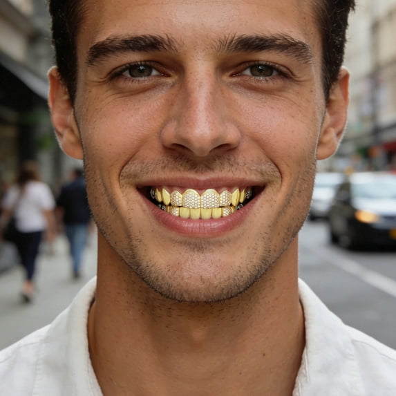 Copper Zirconia Vampire Fang Grillz Set, Gold & Silver Tone Iced Teeth Caps with Dense Stone Arrangement, Hip Hop Party Dental Jewelry for Men & Women