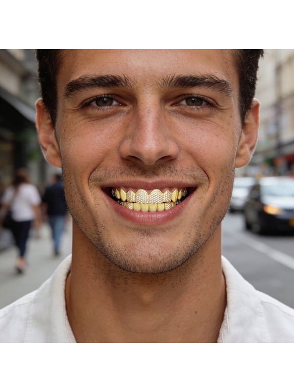 Copper Zirconia Vampire Fang Grillz Set, Gold & Silver Tone Iced Teeth Caps with Dense Stone Arrangement, Hip Hop Party Dental Jewelry for Men & Women