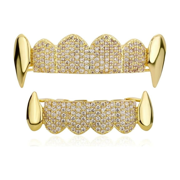 Copper Zirconia Vampire Fang Grillz for Men & Women, Gold & Silver Tone with Cone & Teardrop Tips, Wave Design Iced Teeth Jewelry for Hip Hop Parties