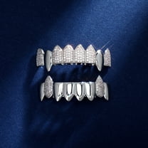 Copper Zirconia Vampire Fangs Grillz Set, Gold & Silver Tone Iced Teeth Caps with Square Accents,Top and Bottom Dental Jewelry for Hip Hop Parties