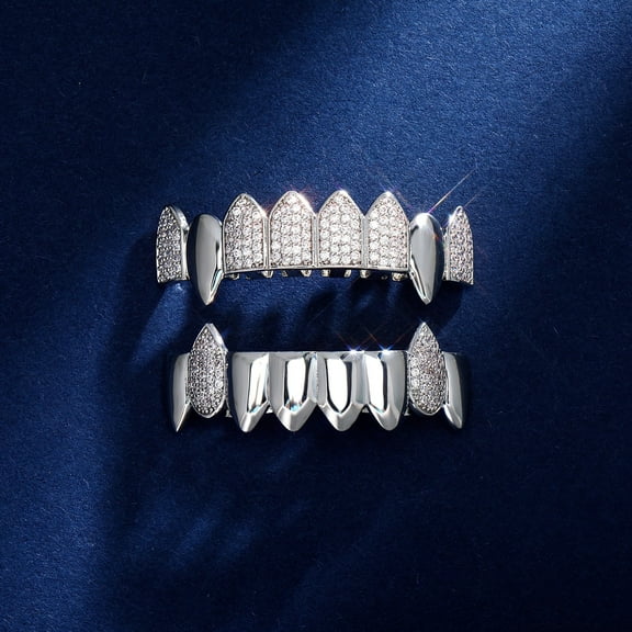 Copper Zirconia Vampire Fangs Grillz Set, Gold & Silver Tone Iced Teeth Caps with Square Accents,Top and Bottom Dental Jewelry for Hip Hop Parties