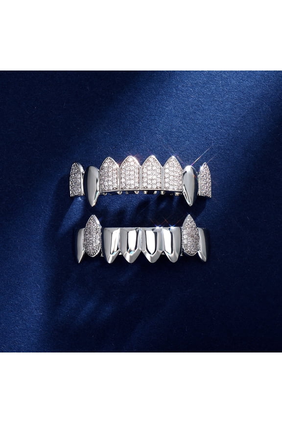 Copper Zirconia Vampire Fangs Grillz Set, Gold & Silver Tone Iced Teeth Caps with Square Accents,Top and Bottom Dental Jewelry for Hip Hop Parties