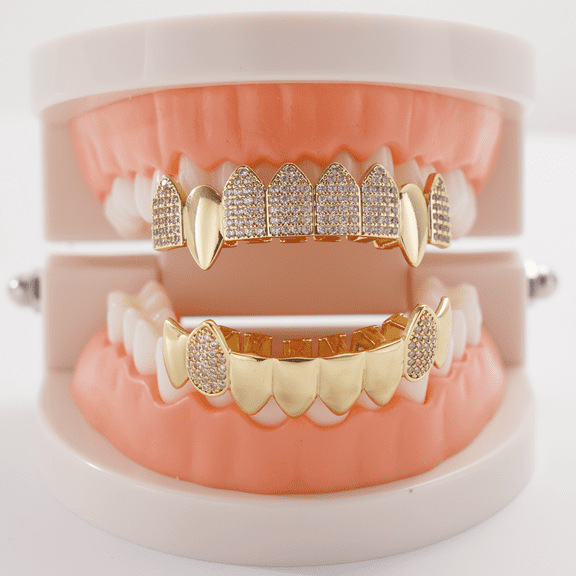 Copper Zirconia Vampire Fangs Grillz Set, Gold & Silver Tone Iced Teeth Caps with Square Accents,Top and Bottom Dental Jewelry for Hip Hop Parties