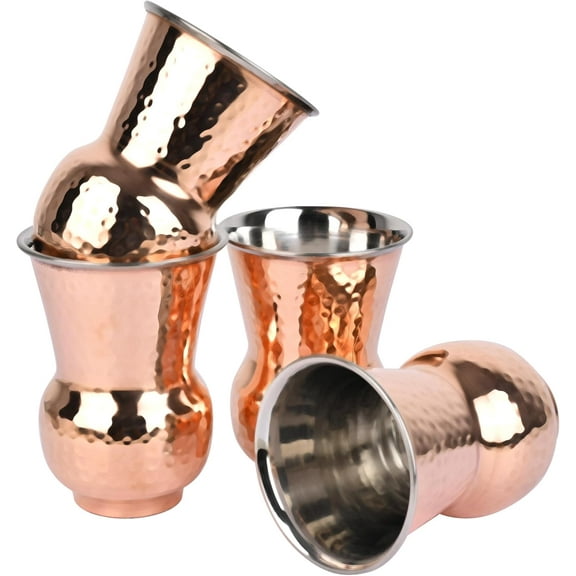 Copper and Stainless Steel Drinkware Mughalai Cups, Set of 4 Tumbler Capacity 400 ml Serveware for Household and Kitchen, Resturant
