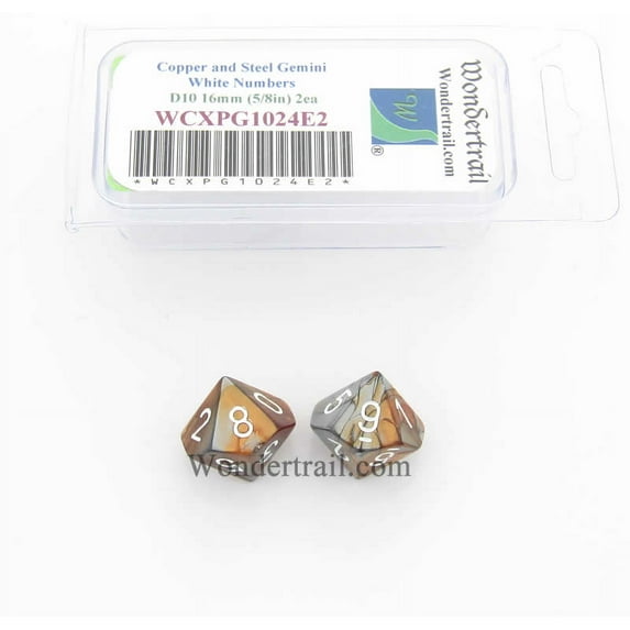 Copper and Steel Gemini Dice with White Numbers D10 Aprox 16mm (5/8in) Pack of 2 Wondertrail