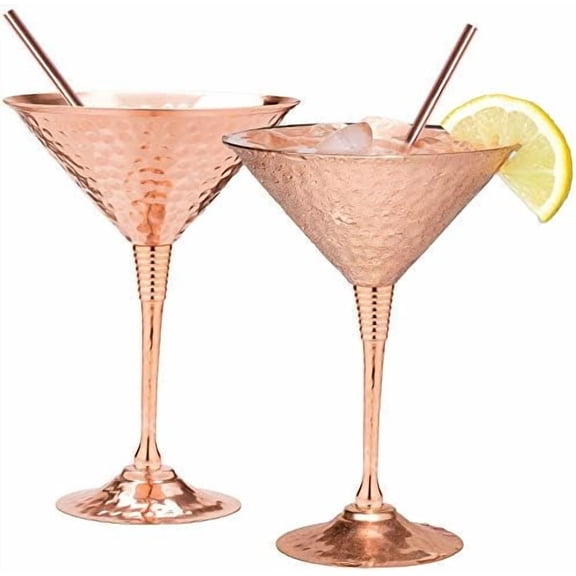 Copper martini glasses set of 2-9.5oz - with 2 copper straws. Hand hammered replacement for Moscow Mule copper mugs. A gift set for 7th anniversary wedding.$$Home Decor, Kitchen, & Other