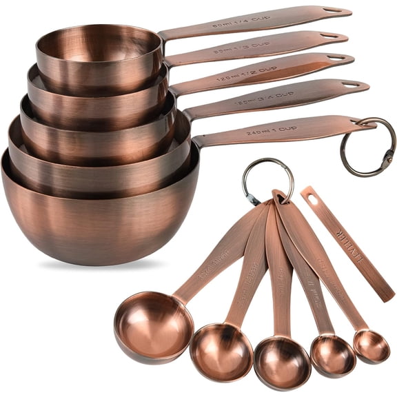 Copper measuring cups and spoons set,Includes 5 Copper Measuring Cups and 5 Measuring Spoons and Measure Ingredient Leveler and Ringscopper