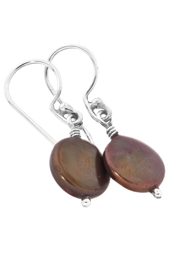 Copper-tone Brown Freshwater Coin Cultured Pearl 925 Sterling Silver Earrings, 3/8"