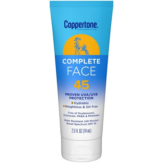 Coppertone Complete Face Sunscreen Lotion SPF 45, 2.5 fl oz Tube