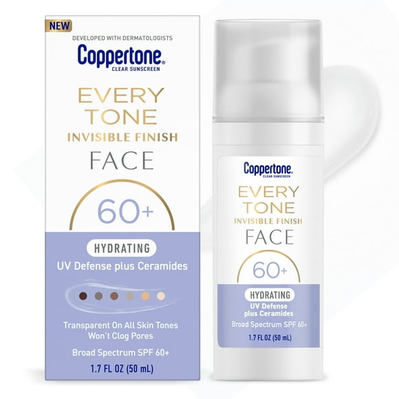 Coppertone Every Tone Invisible Finish Hydrating Face Sunscreen SPF 60+, 1.7 fl oz Pump Bottle