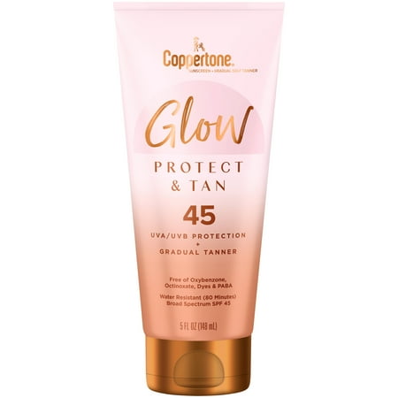 Coppertone Glow Protect and Tan Sunscreen Lotion + Gradual Self Tanner, SPF 45, 5 Fl Oz Tube
