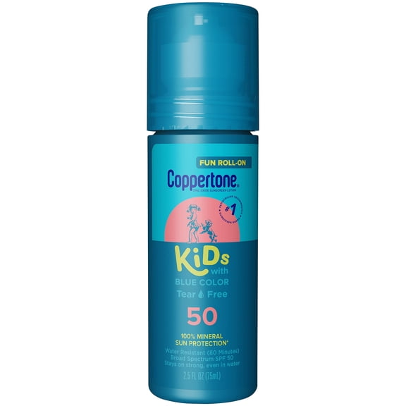 Coppertone Kids Roll-On Sunscreen with Blue Color, Zinc Oxide Sunscreen Lotion, Kids Tear Free Sunscreen, 2.5 fl oz bottle