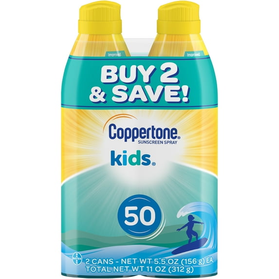 Coppertone Kids Sunscreen Spray, Children SPF 50, 11 oz, Pack of 2, Can