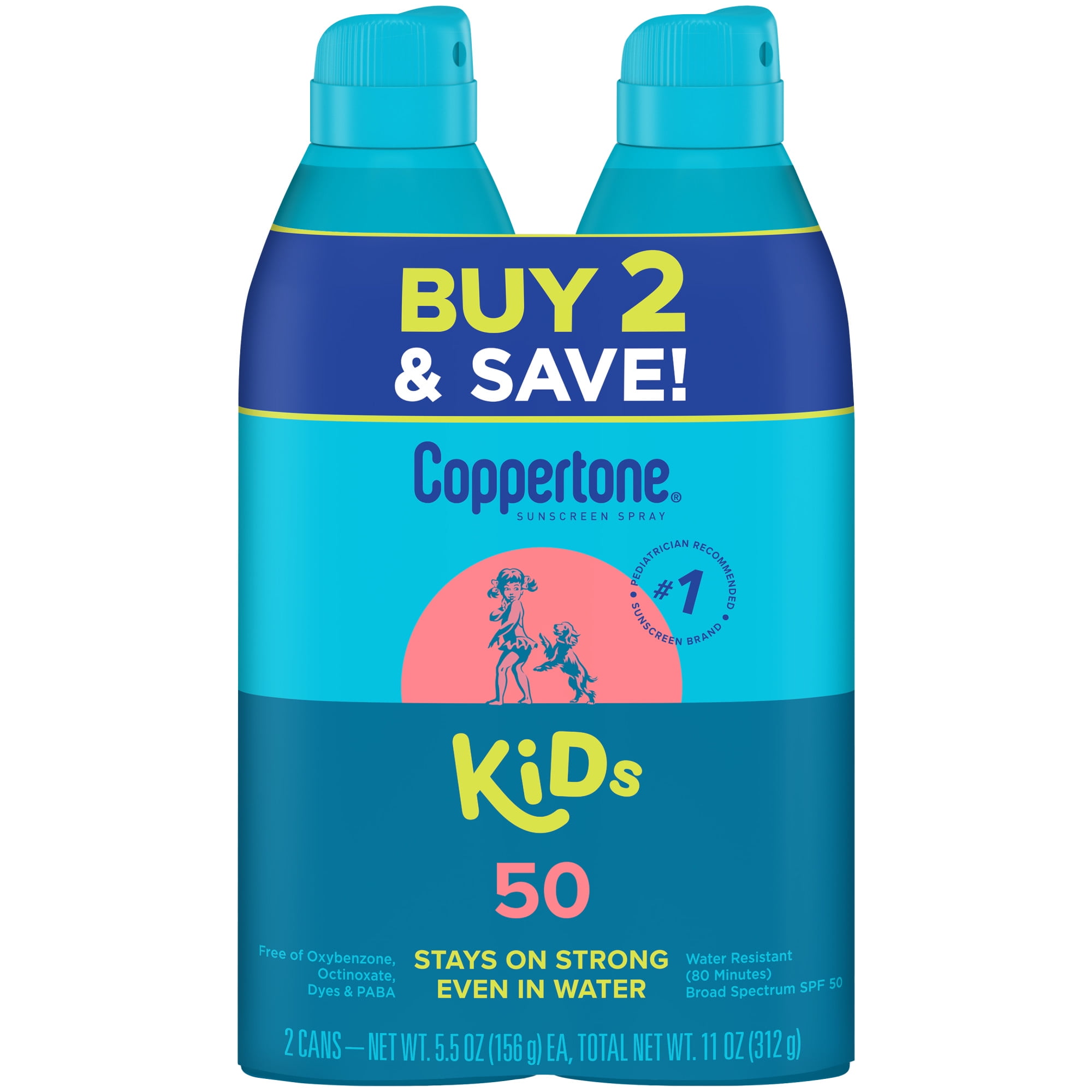 Coppertone Kids Sunscreen Spray, SPF 50, Water Resistance, 5.5 Oz, Pack of 2