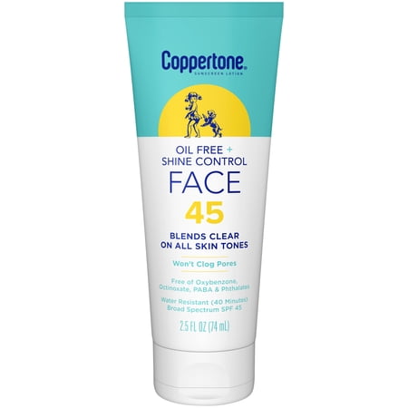 Coppertone Oil Free + Shine Control Sunscreen Face Lotion SPF 45, 2.5 fl oz Tube