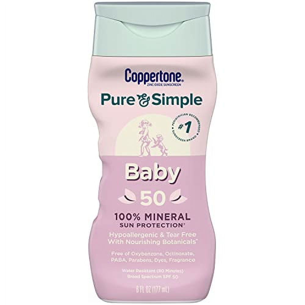 Coppertone Pure and Simple Baby Sunscreen SPF 50 Lotion, Zinc Oxide Mineral Sunscreen for Babies, Tear Free, Water Resistant, Broad Spectrum SPF 50 Sunscreen, 6 Fl Oz Bottle