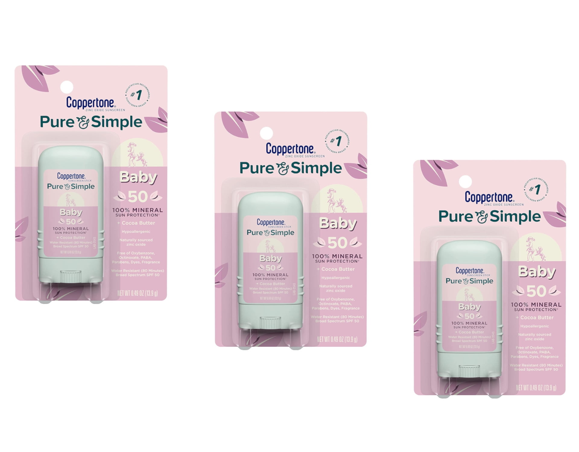 Coppertone Pure & Simple Baby Zinc Oxide Sunscreen Stick SPF 50, 0.49oz - Pack of 3