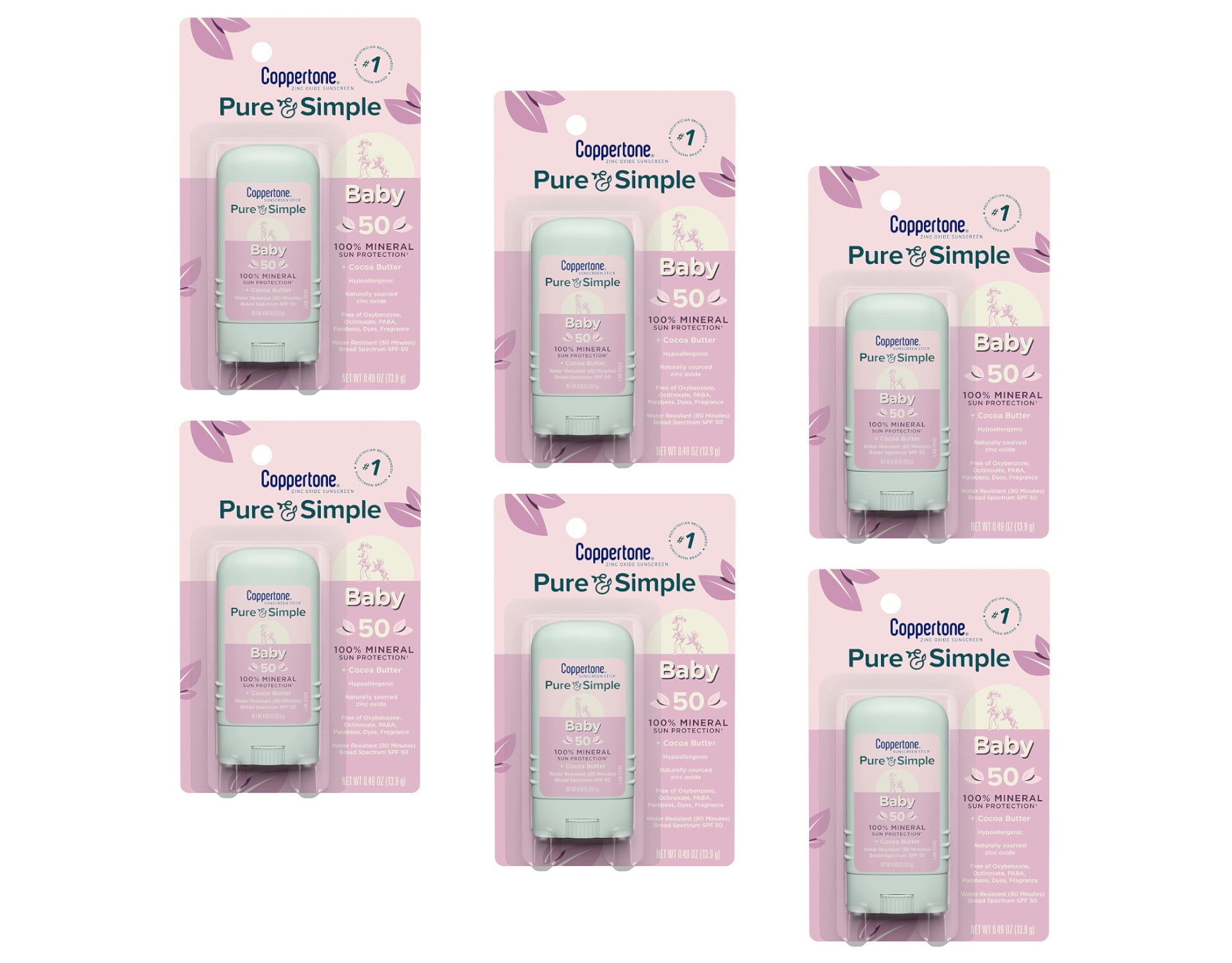 Coppertone Pure & Simple Baby Zinc Oxide Sunscreen Stick SPF 50, 0.49oz - Pack of 6