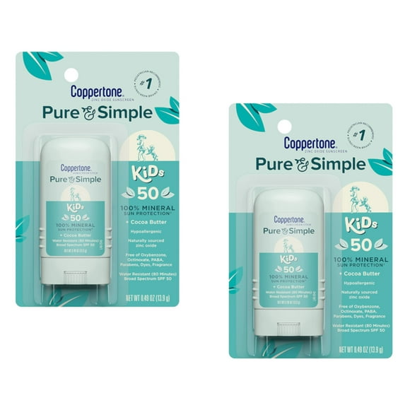 Coppertone Pure & Simple Kids Zinc Oxide Sunscreen Stick SPF 50, 0.49oz - Pack of 2