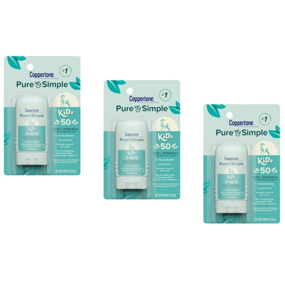 Coppertone Pure & Simple Kids Zinc Oxide Sunscreen Stick SPF 50, 0.49oz - Pack of 3