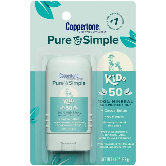 Coppertone Pure and Simple SR25 Sunscreen Stick SPF 50, Zinc Oxide Mineral Sunscreen Stick for Kids, Tear Free, Water Resistant, Broad Spectrum, 0.49 Oz Stick