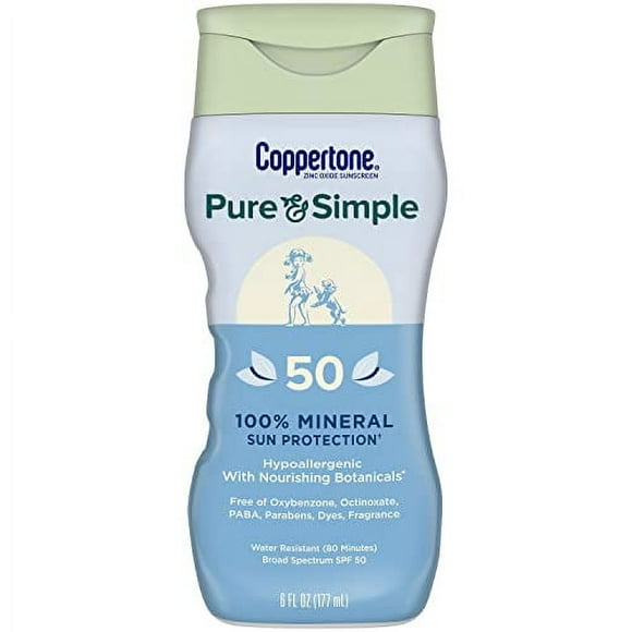 Coppertone Pure and Simple Zinc Oxide Mineral Sunscreen Lotion SPF 50, Body Sunscreen, Water Resistant, Broad Spectrum SPF 50 Sunscreen for Sensitive Skin, 6 Fl Oz Bottle