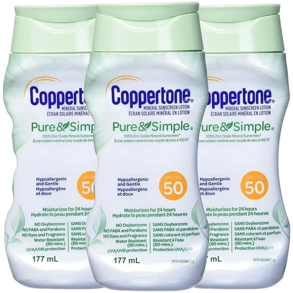 Coppertone Pure And Simple Zinc Oxide Mineral Sunscreen Lotion Spf 50, Body Sunscreen, Water Resistant, Broad Spectrum Spf 50 Sunscreen For Sensitive Skin, 6 Fl Oz Bottle (Pack Of 3).