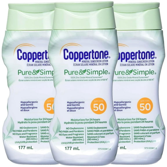 Coppertone Pure And Simple Zinc Oxide Mineral Sunscreen Lotion Spf 50, Body Sunscreen, Water Resistant, Broad Spectrum Spf 50 Sunscreen For Sensitive Skin, 6 Fl Oz Bottle (Pack Of 3).