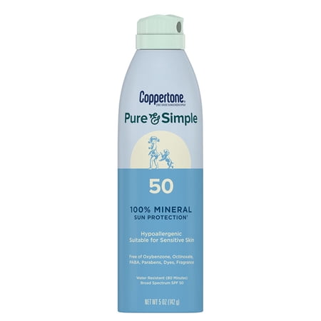 Coppertone Pure and Simple Mineral Sunscreen Spray SPF 50 with Zinc Oxide, Hypoallergenic, 5 oz