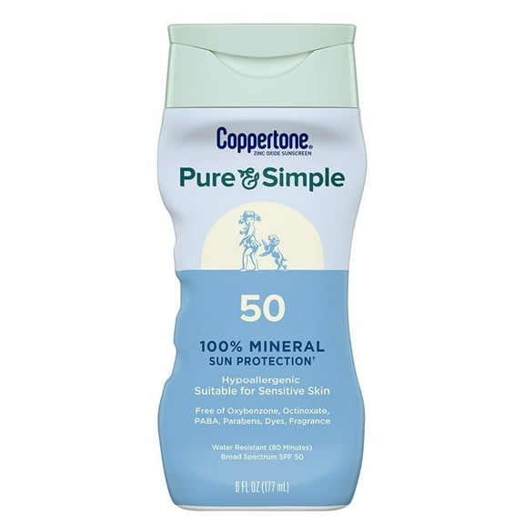 Coppertone Pure and Simple Mineral Sunscreen Lotion SPF 50 with Zinc Oxide, Hypoallergenic, 6 fl oz