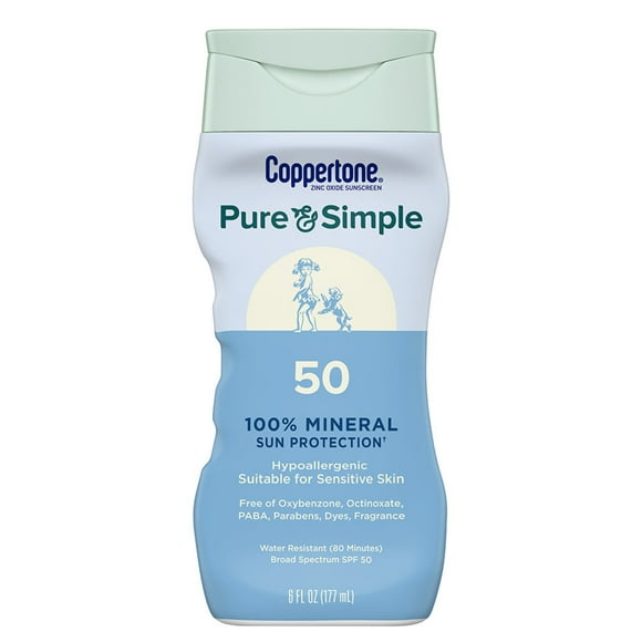 Coppertone Pure and Simple Mineral Sunscreen Lotion SPF 50 with Zinc Oxide, Hypoallergenic, 6 fl oz