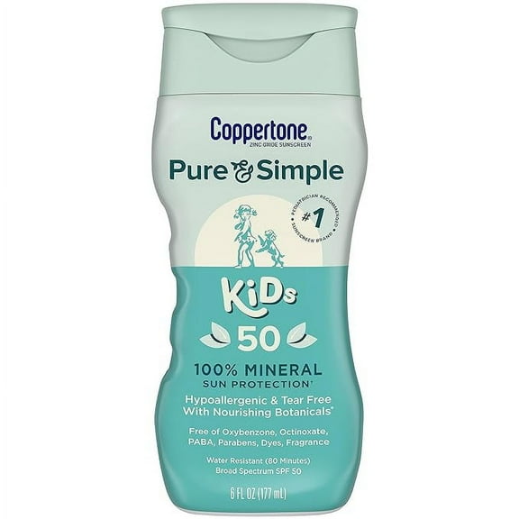 Coppertone Pure and Simple Sunscreen Lotion, Zinc Oxide Mineral Sunscreen for Kids, Tear Free, Broad Spectrum SPF 50 Sunscreen, 6 Fl Oz Bottle