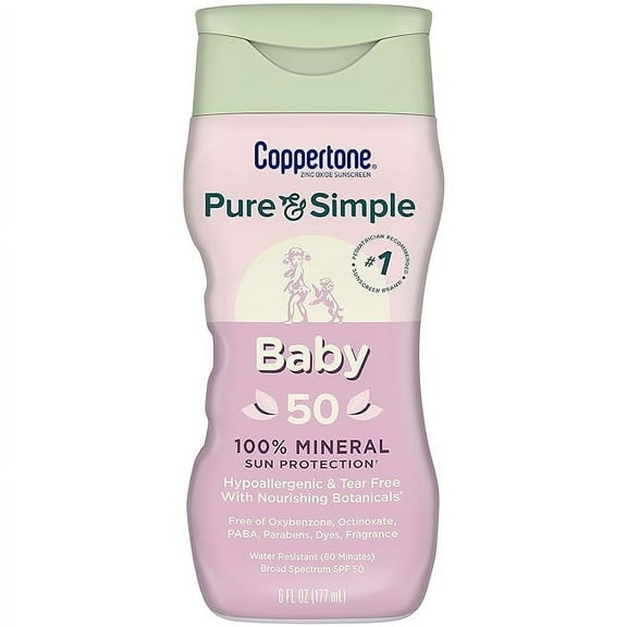 Coppertone Pure and Simple Sunscreen SPF 50 Lotion with Zinc Oxide Mineral for Babies, Tear Free, Water Resistant, Broad Spectrum, 6 Fl Oz Bottle