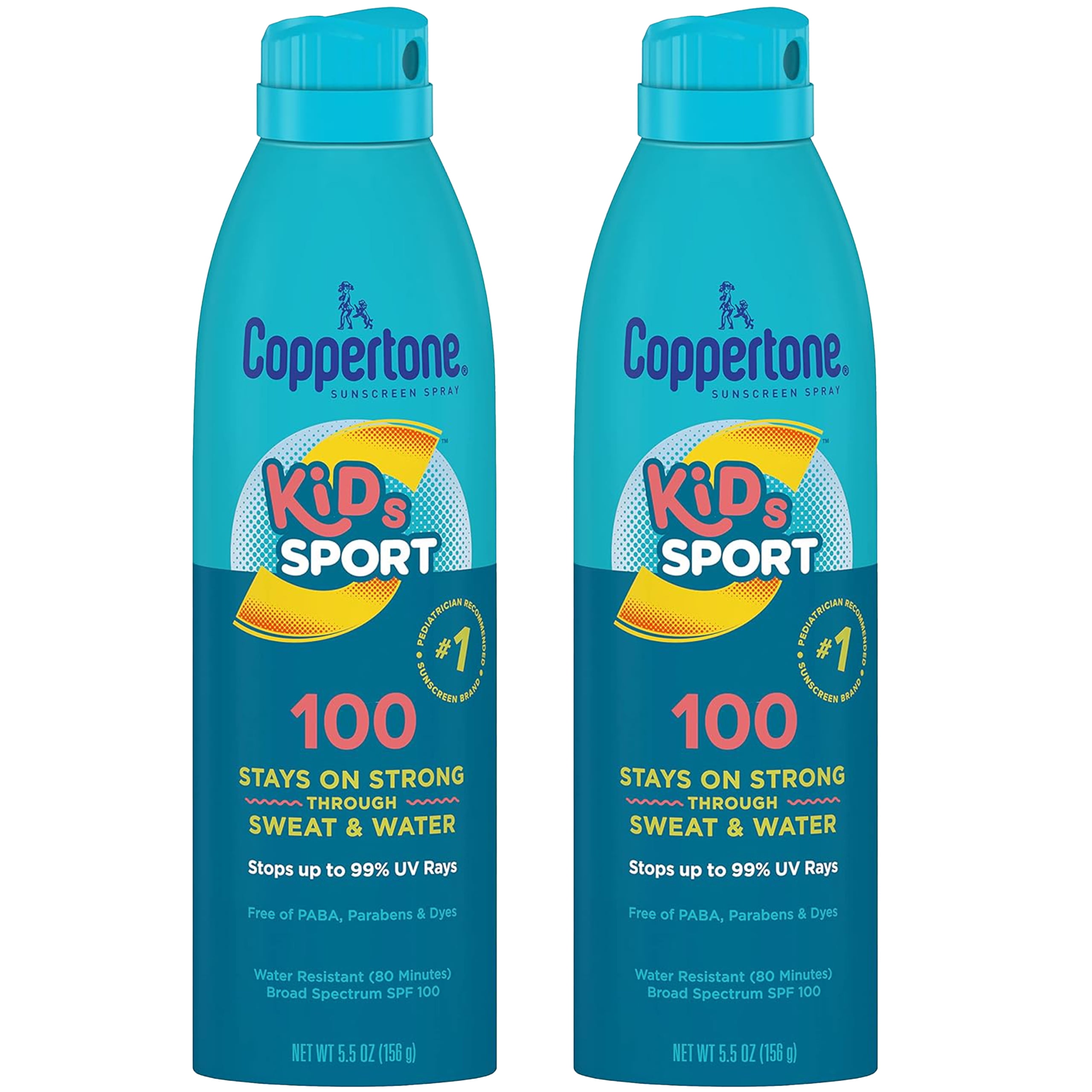 Coppertone SPORT Kids Sunscreen Spray SPF 100, 2 Pack, Water Resistant, Continuous Spray Sunscreen for Kids, Broad Spectrum Sunscreen SPF 100, 5.5 Oz Spray