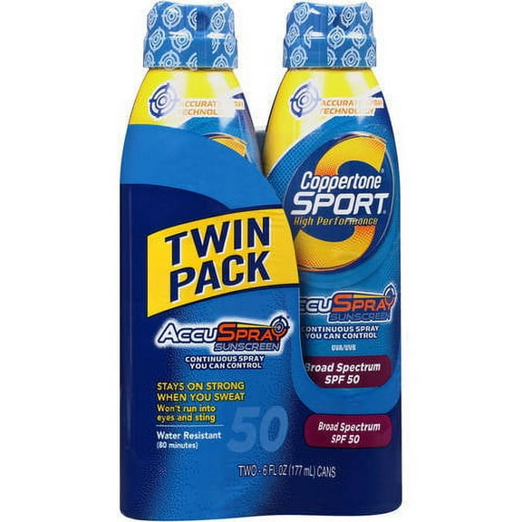 Coppertone Sport Broad Spectrum SPF 50 Sunscreen Spray, Adult, 2-6 fl. oz (2 Pack) Aerosol Cans